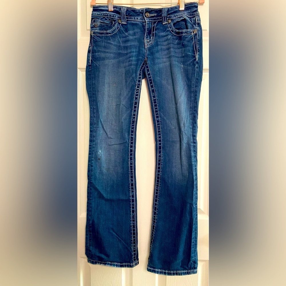 MISS ME Denim Women's Rhinestones Embellished Low Rise Boot Cut Blue Jeans 28